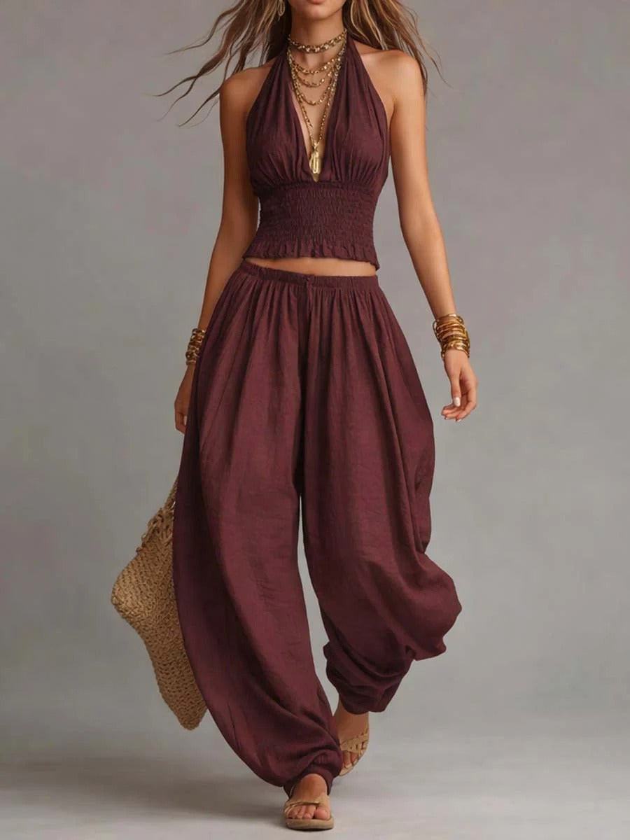 Sleeveless Backless Halter Top & Wide-Leg Pants Set
