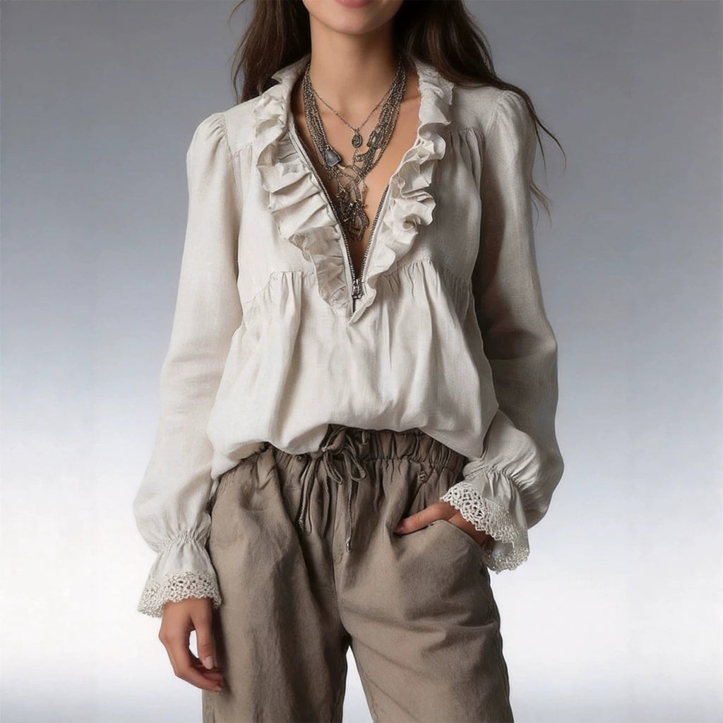 Ruffle Trim V-Neck Flared Cuff Long Sleeve Blouse