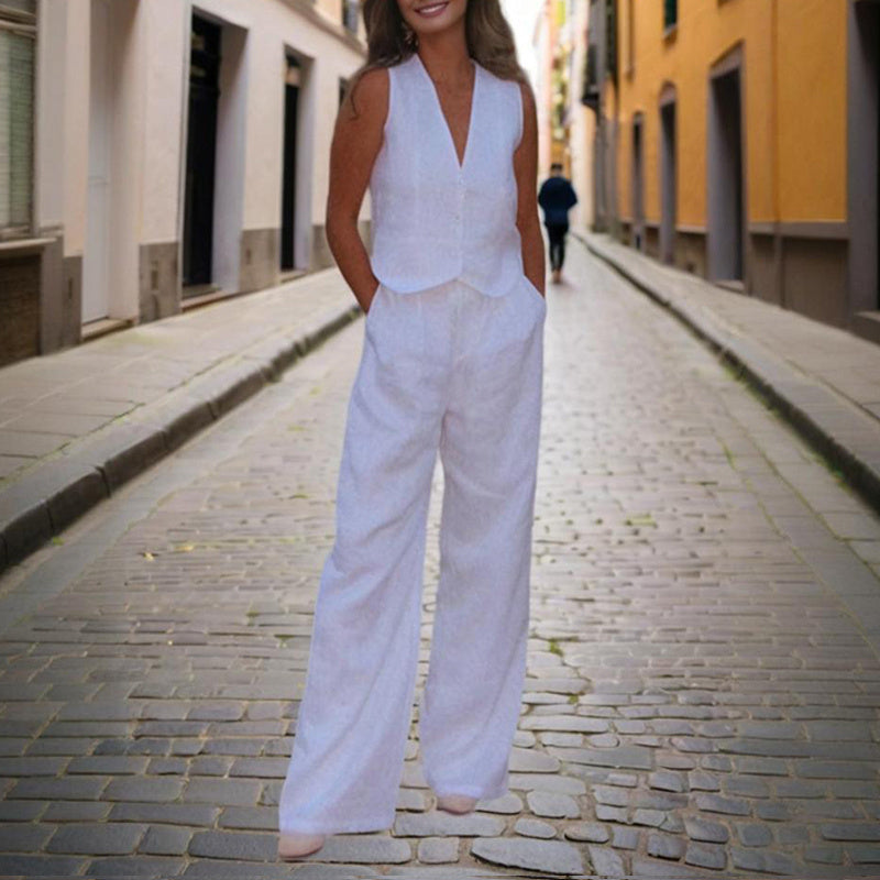 V‑Neck Button‑Front Vest & High‑Waist Pants Set