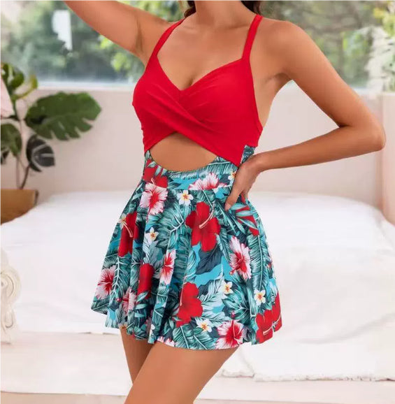 Cutout Sling One-Piece Swimsuit – Built-In Chest Pad & Skirt Hem