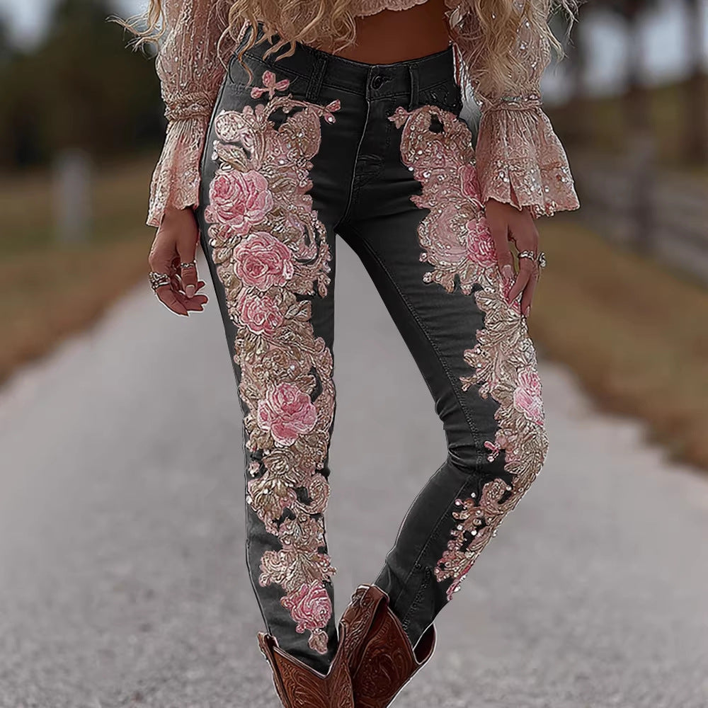 Womens Denim Jeans With Colorful 3D Floral Prints