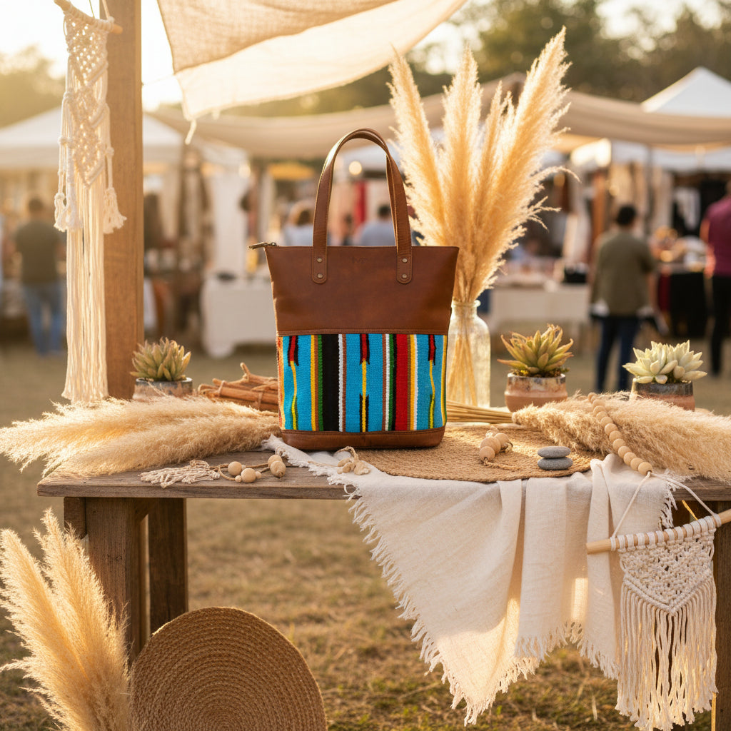 Boho Style Multicolored Canvas & Leather Tote Bag