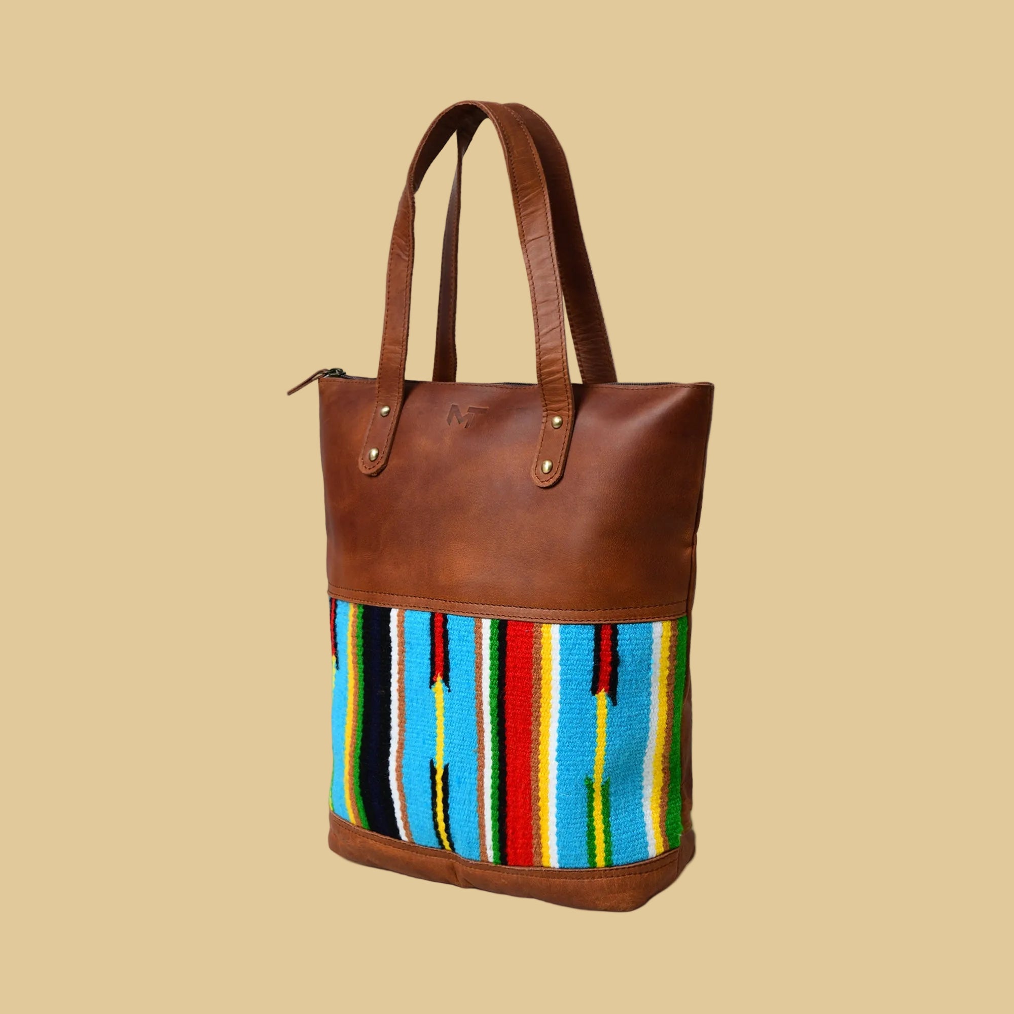 Boho Style Multicolored Canvas & Leather Tote Bag