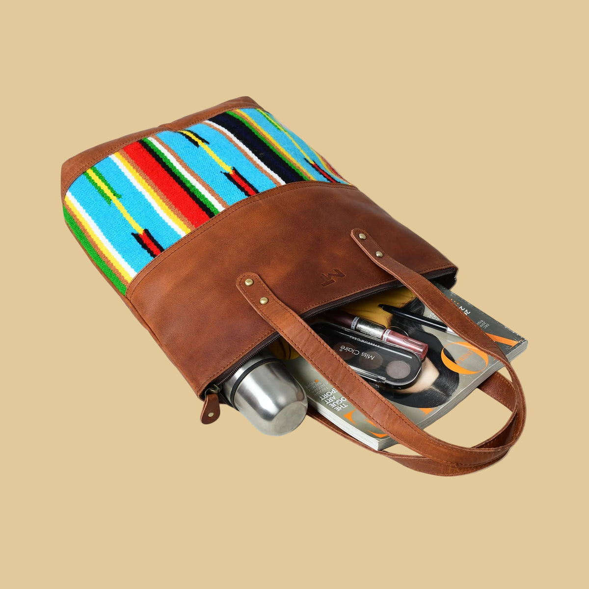 Boho Style Multicolored Canvas & Leather Tote Bag
