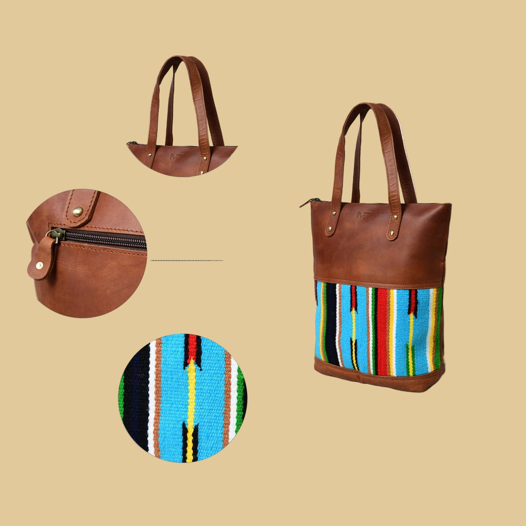 Boho Style Multicolored Canvas & Leather Tote Bag