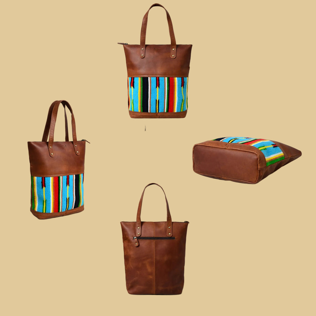 Boho Style Multicolored Canvas & Leather Tote Bag