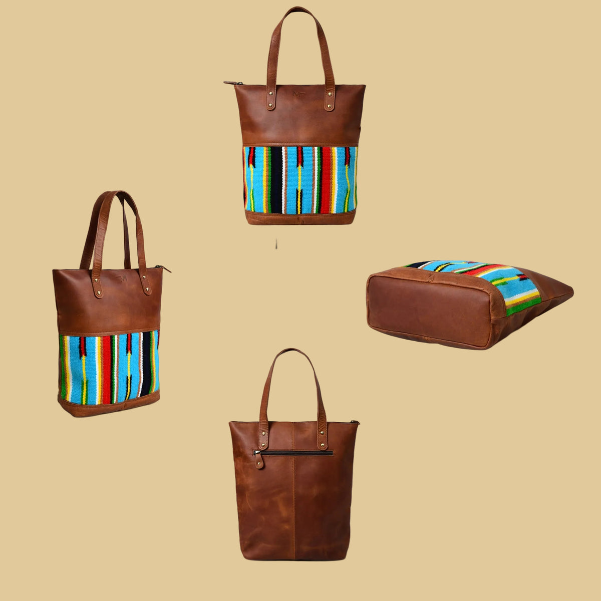 Boho Style Multicolored Canvas & Leather Tote Bag