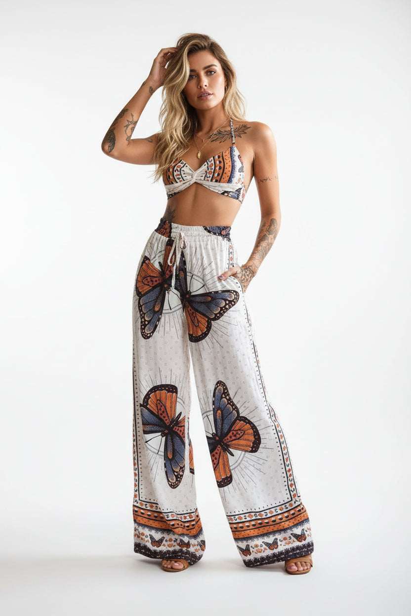 Feather Print Crop Top & Pants Set – 2-Piece Vacation Outfit