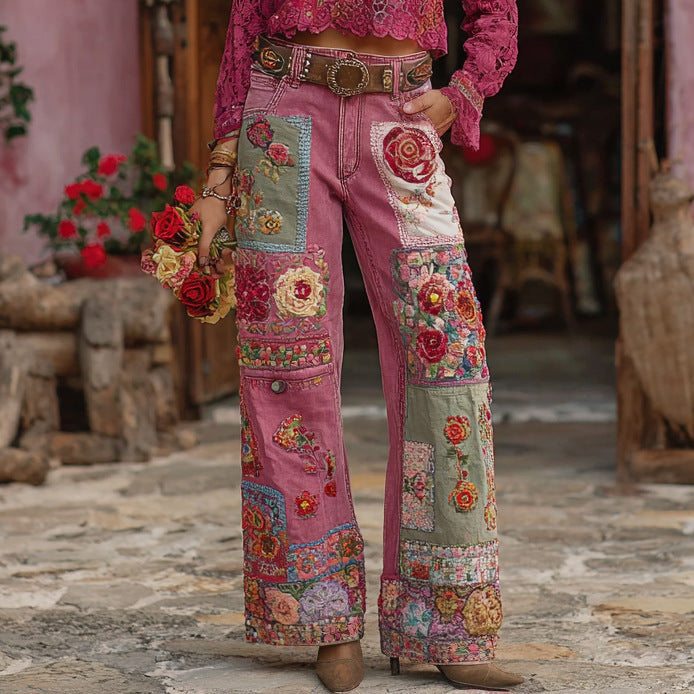 Womens Denim Jeans With Colorful 3D Floral Prints
