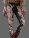 Womens Fashionable Casual Straight Denim Jeans With Floral Print