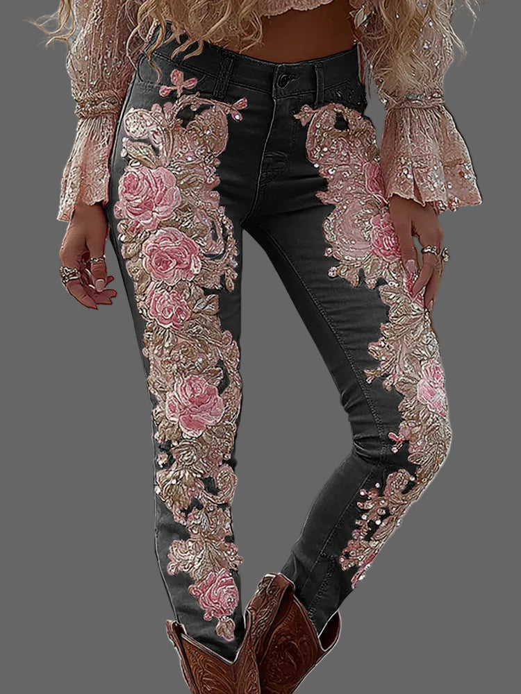 Womens Fashionable Casual Straight Denim Jeans With Floral Print