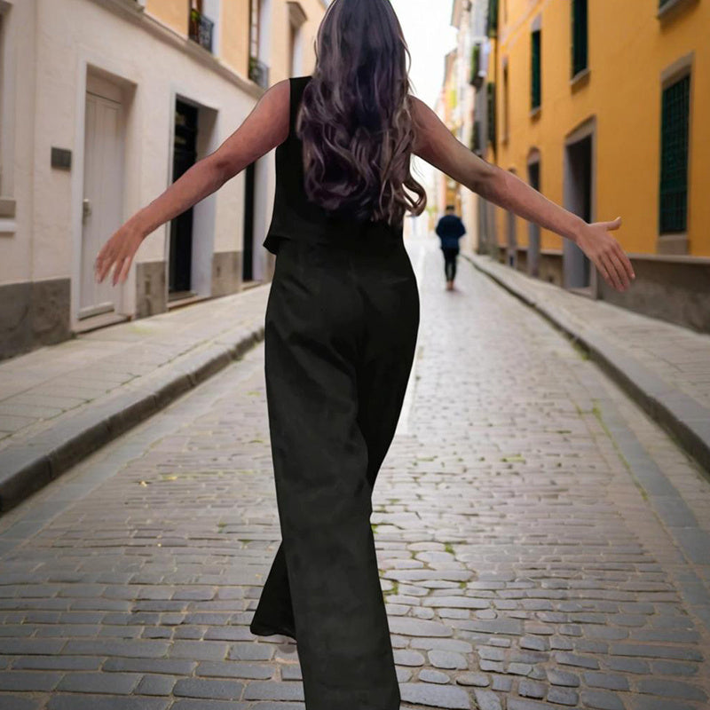 V‑Neck Button‑Front Vest & High‑Waist Pants Set