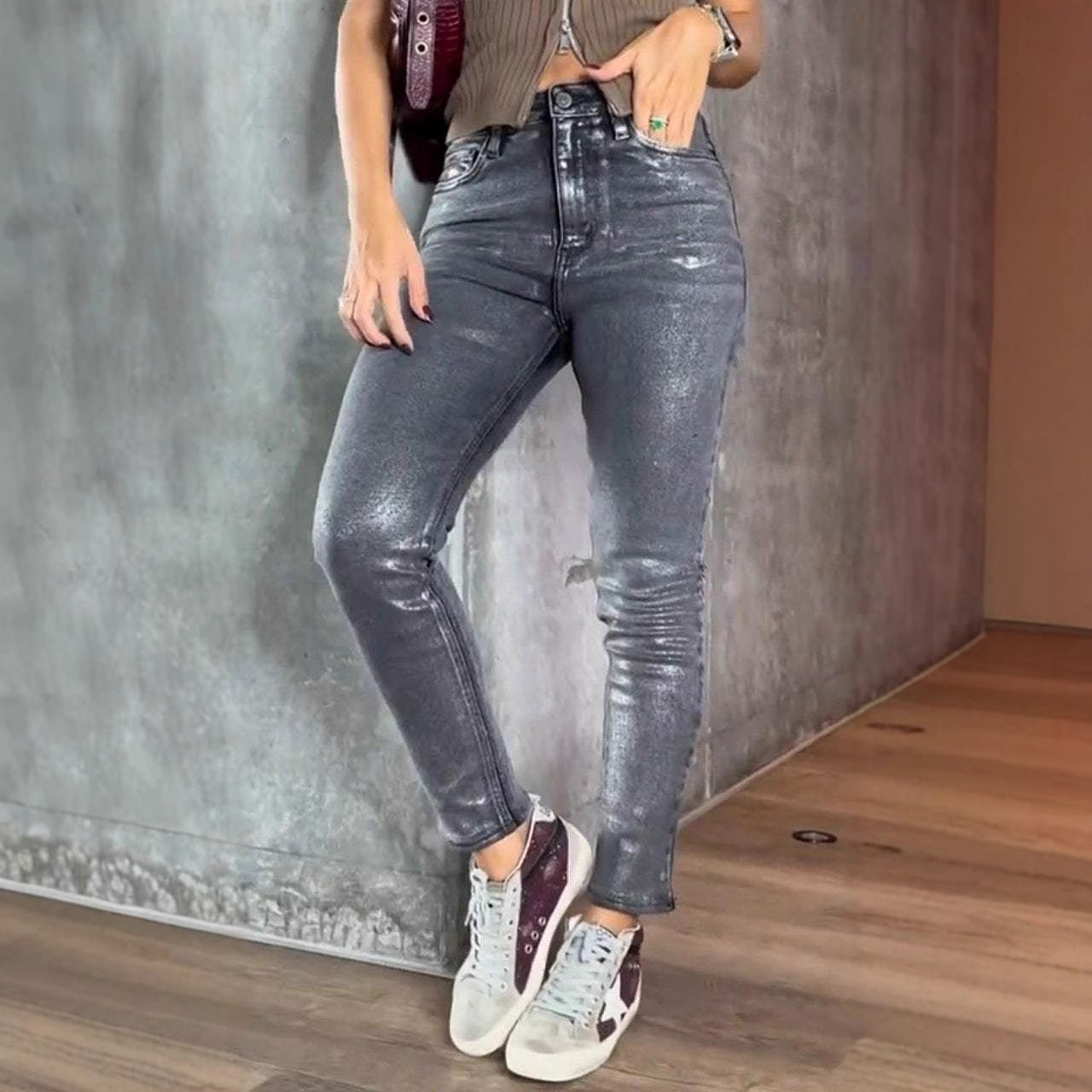 Gold And Silver Stamping Skinny Jeans