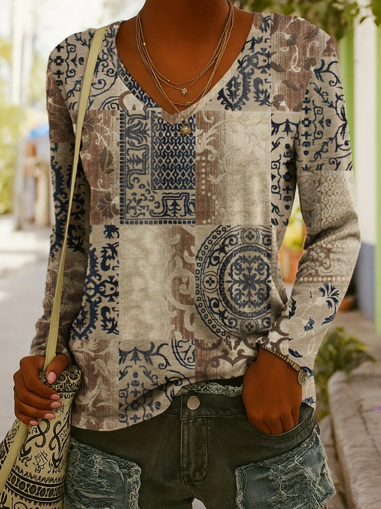 Ethnic Print V-Neck Long-Sleeve Pullover Top