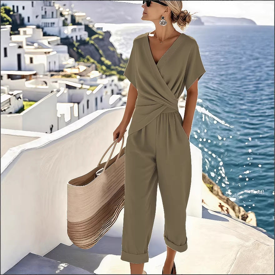 Wrap Around Short-Sleeve Two-Piece Set