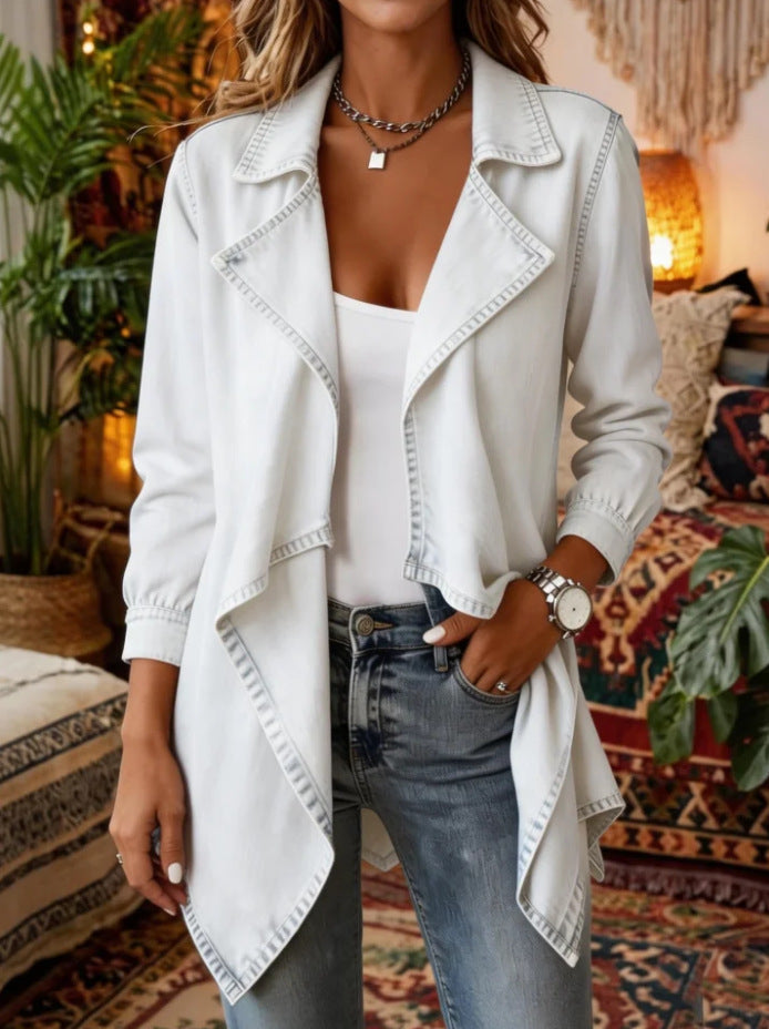 Open-Front Waterfall Hem Denim Trench Jacket