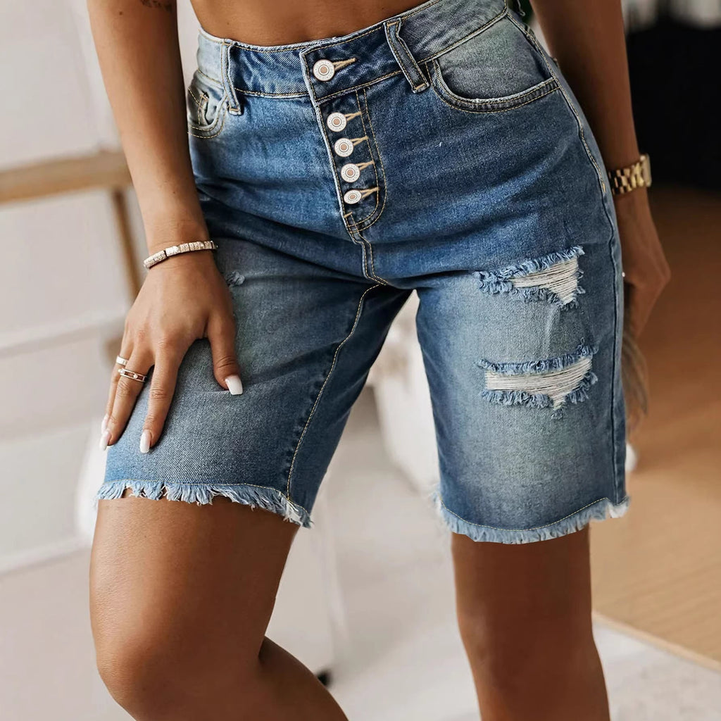 Cotton Denim Shorts – Mid-Length Frayed Hem Distressed