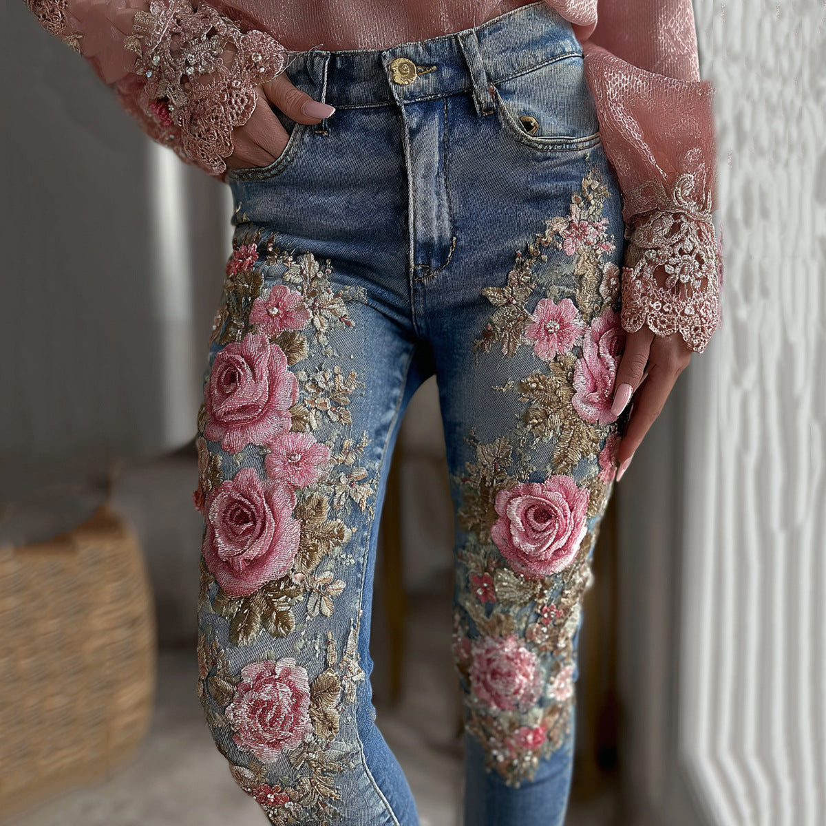 Womens Denim Jeans With Colorful 3D Floral Prints