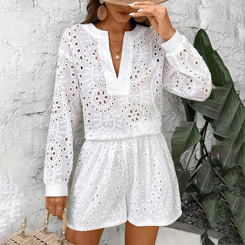Elegant V-Neck Lace Long Sleeve Blouse & Shorts Set