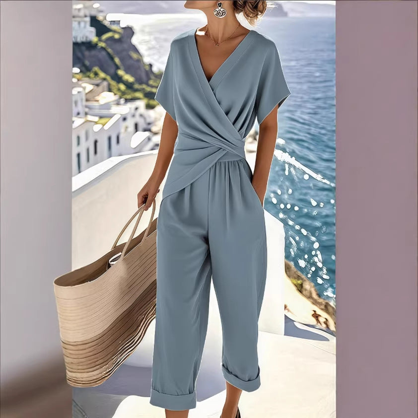Wrap Around Short-Sleeve Two-Piece Set