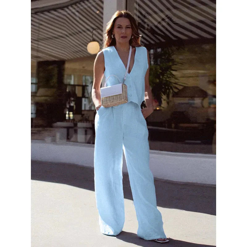 V‑Neck Button‑Front Vest & High‑Waist Pants Set
