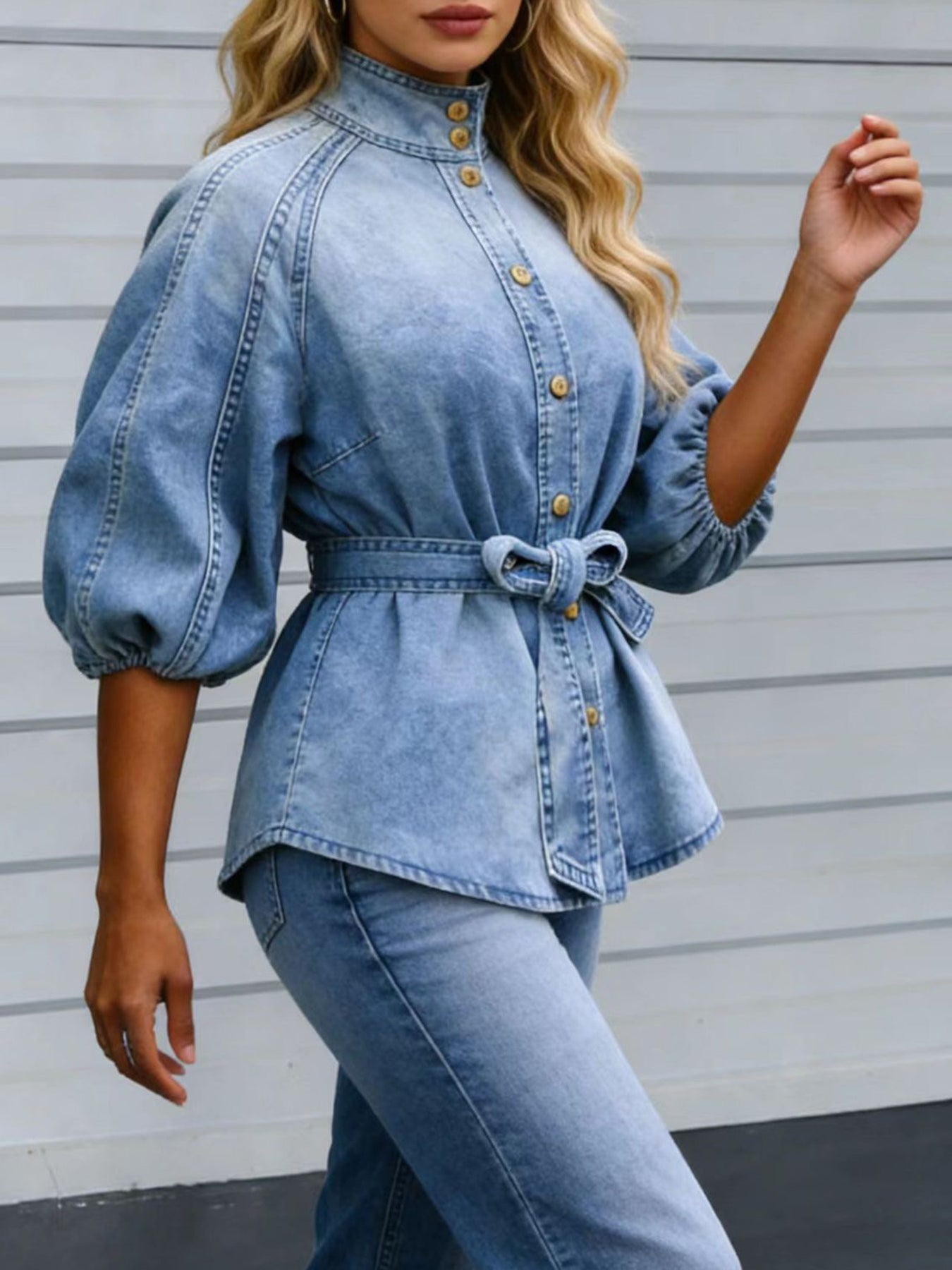 Retro Washed Denim Top | Lantern Sleeve Stand Collar Belted Shirt in Blue | S–XXL