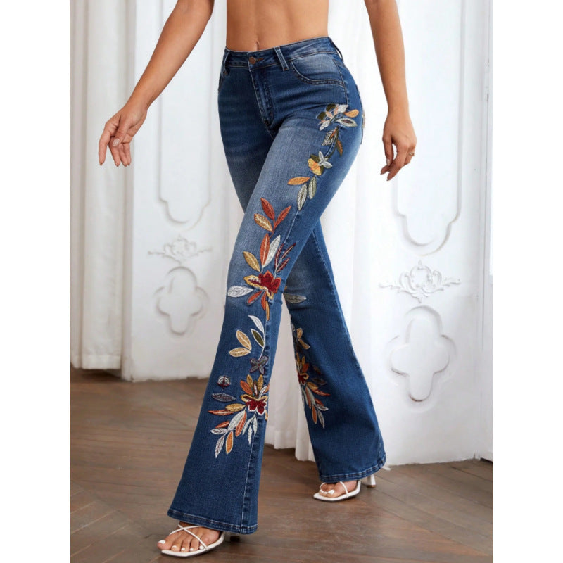 Women's Stylish Floral Embroidered Flared Jeans
