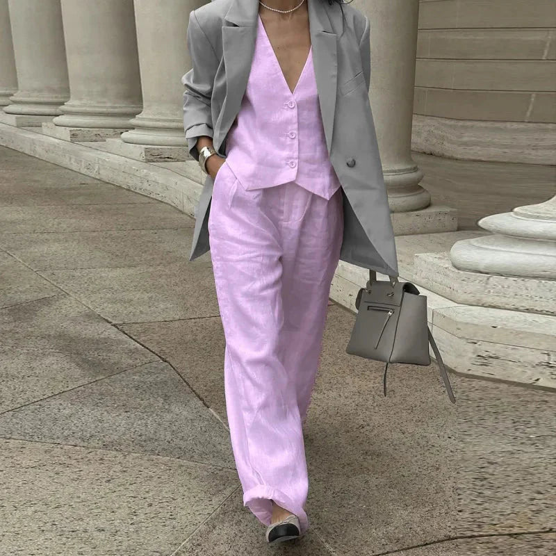 V‑Neck Button‑Front Vest & High‑Waist Pants Set
