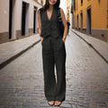 V‑Neck Button‑Front Vest & High‑Waist Pants Set