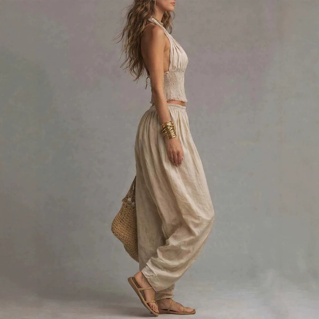 Sleeveless Backless Halter Top & Wide-Leg Pants Set