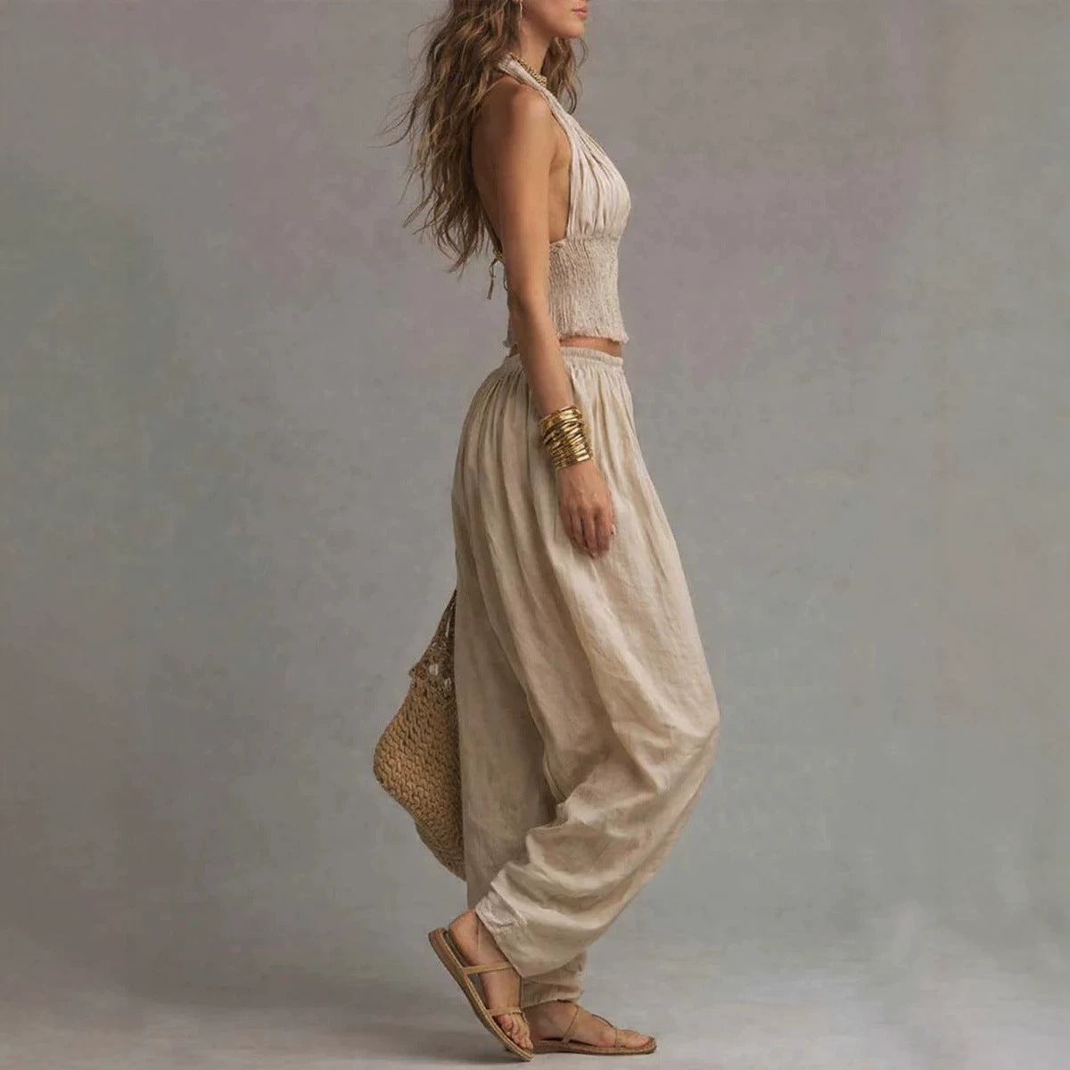 Sleeveless Backless Halter Top & Wide-Leg Pants Set