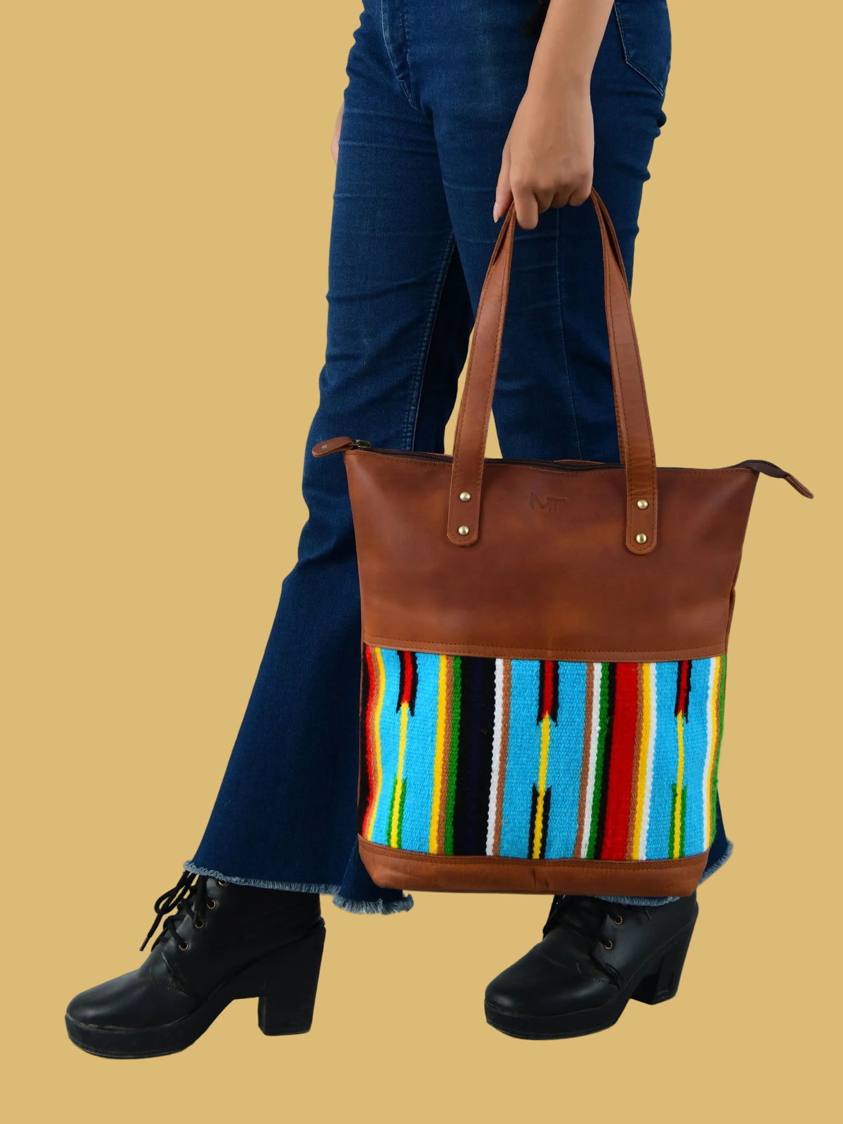 Boho Style Multicolored Canvas & Leather Tote Bag