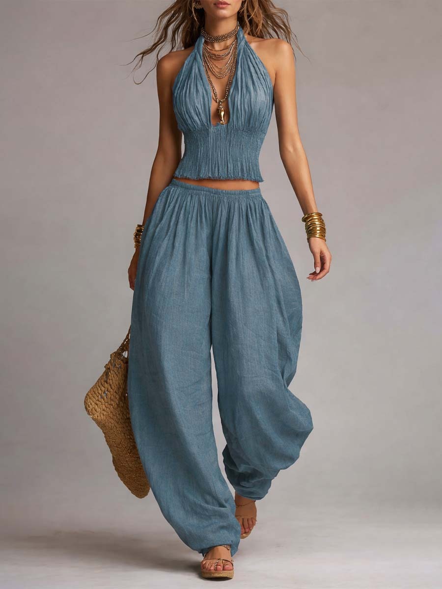 Sleeveless Backless Halter Top & Wide-Leg Pants Set