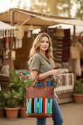 Boho Style Multicolored Canvas & Leather Tote Bag