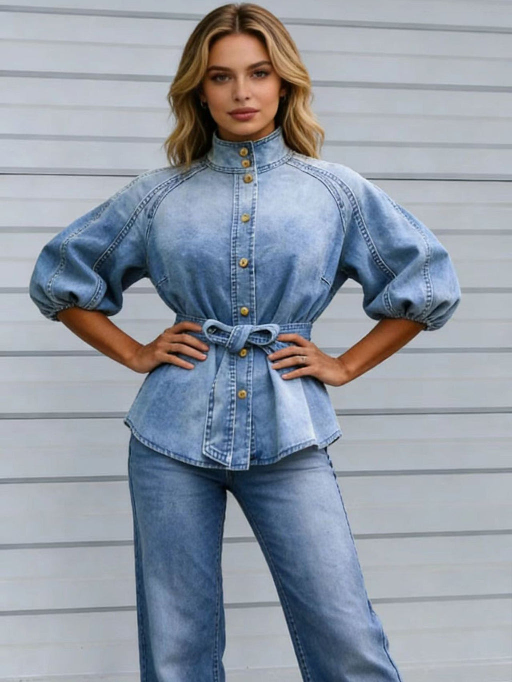 Retro Washed Denim Top | Lantern Sleeve Stand Collar Belted Shirt in Blue | S–XXL