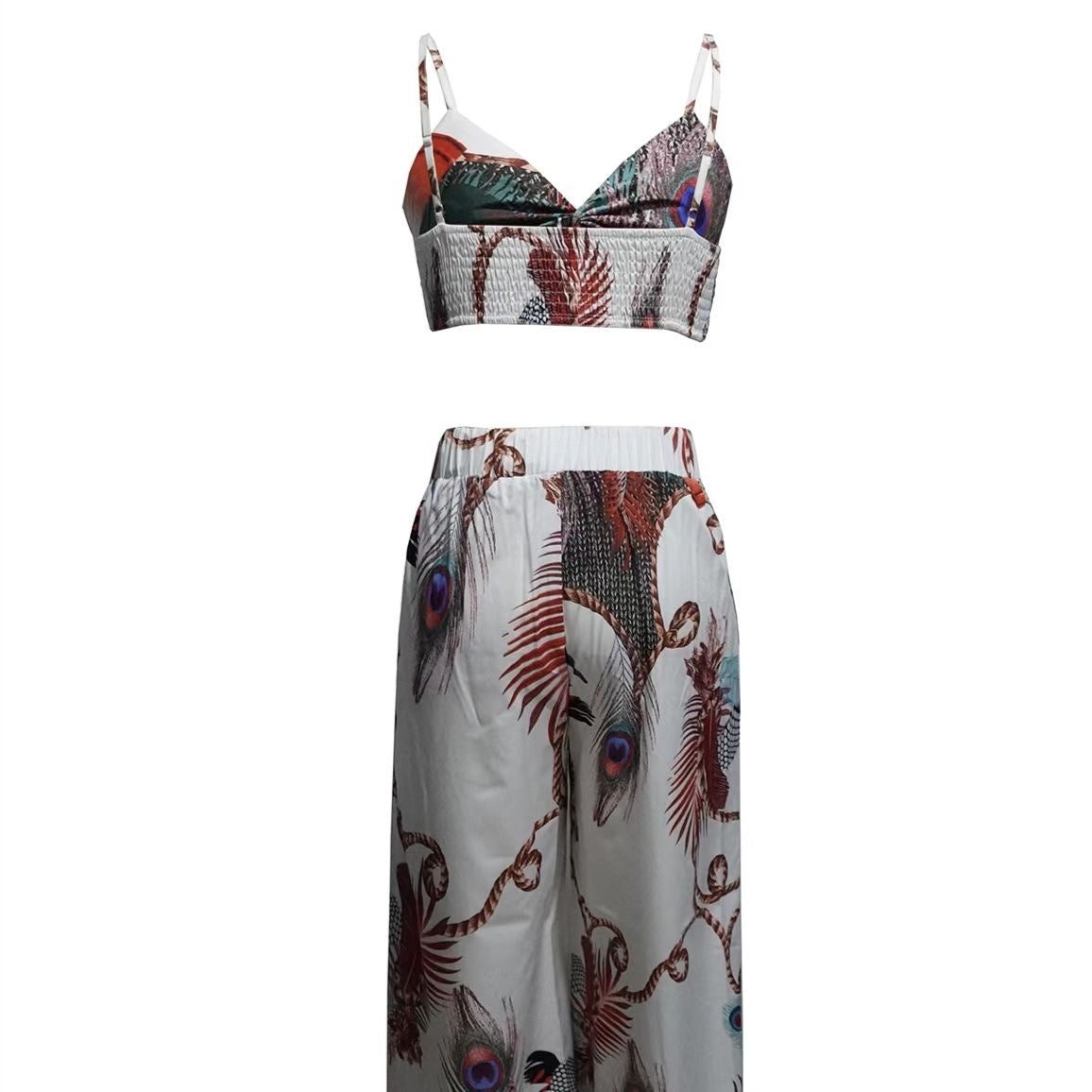 Feather Print Crop Top & Pants Set – 2-Piece Vacation Outfit