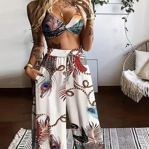 Feather Print Crop Top & Pants Set – 2-Piece Vacation Outfit