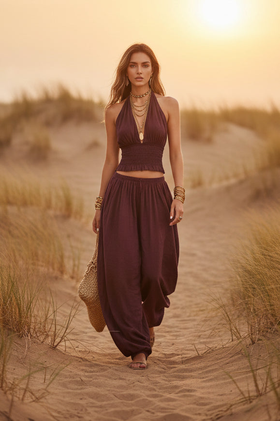 Sleeveless Backless Halter Top & Wide-Leg Pants Set