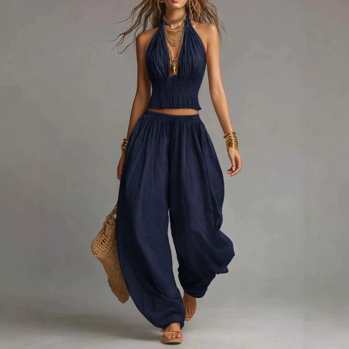 Sleeveless Backless Halter Top & Wide-Leg Pants Set