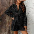 Elegant V-Neck Lace Long Sleeve Blouse & Shorts Set