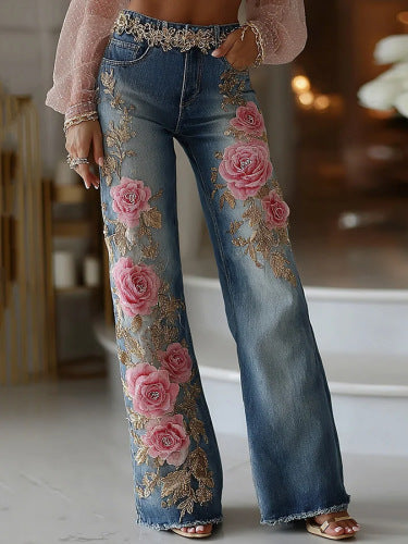 Retro Printed Faux Denim Flare Pants