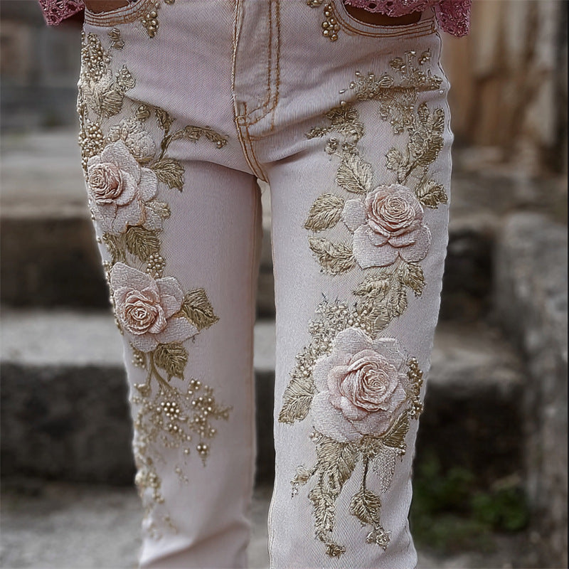 Womens Denim Jeans With Colorful 3D Floral Prints