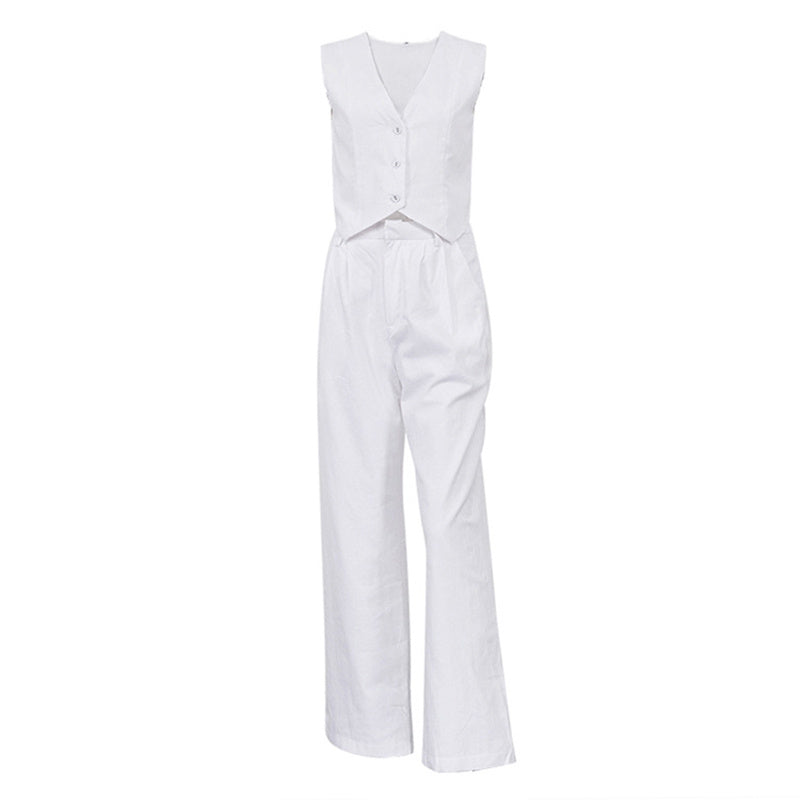 V‑Neck Button‑Front Vest & High‑Waist Pants Set