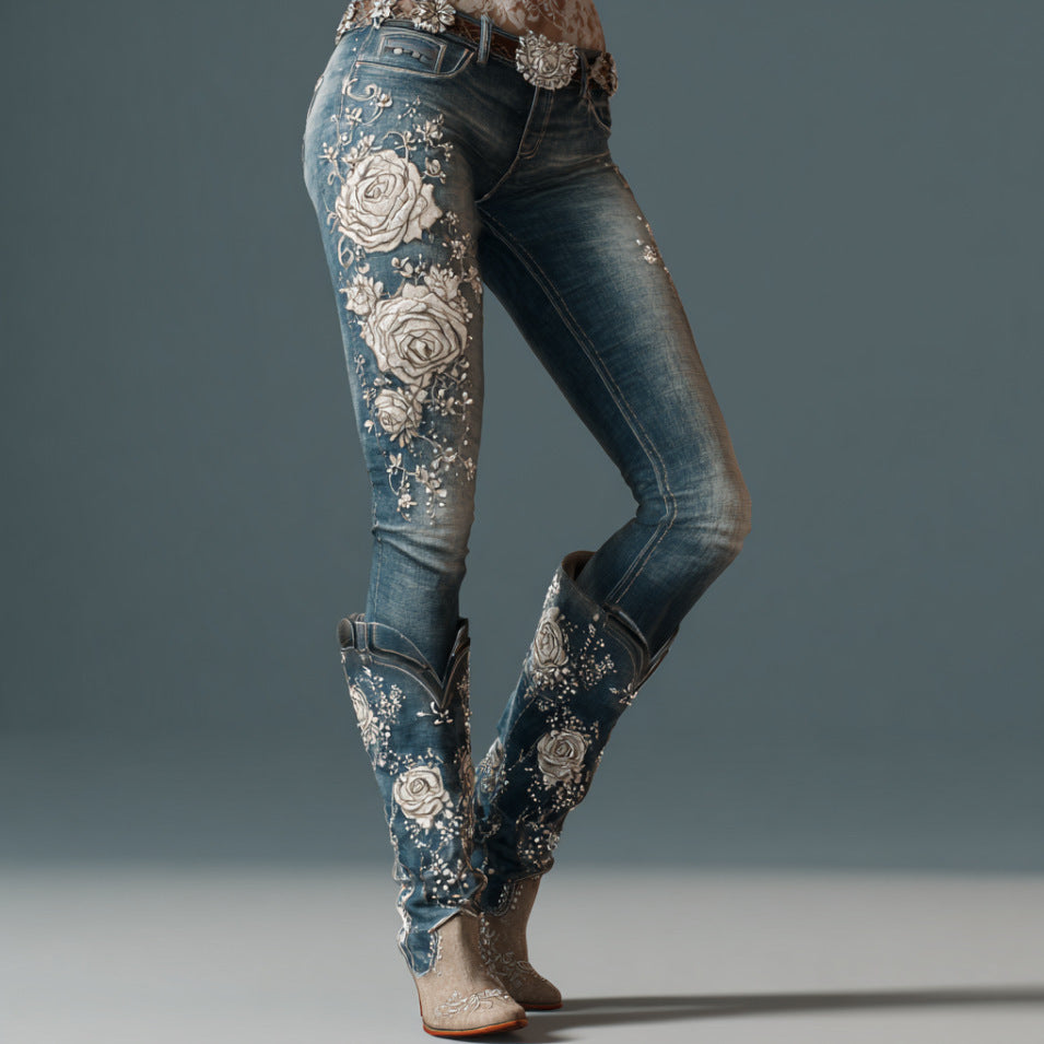 Womens Denim Jeans With Colorful 3D Floral Prints