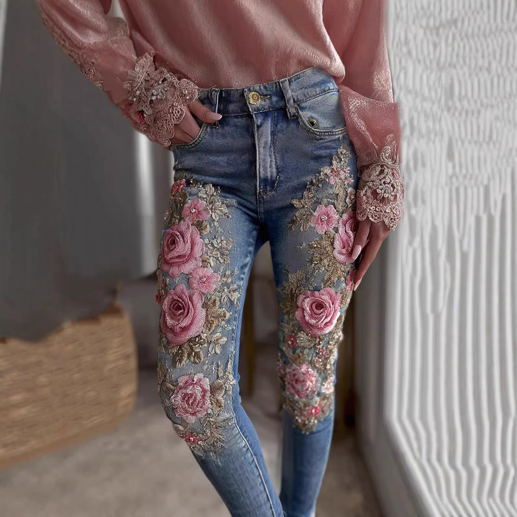 Womens Denim Jeans With Colorful 3D Floral Prints