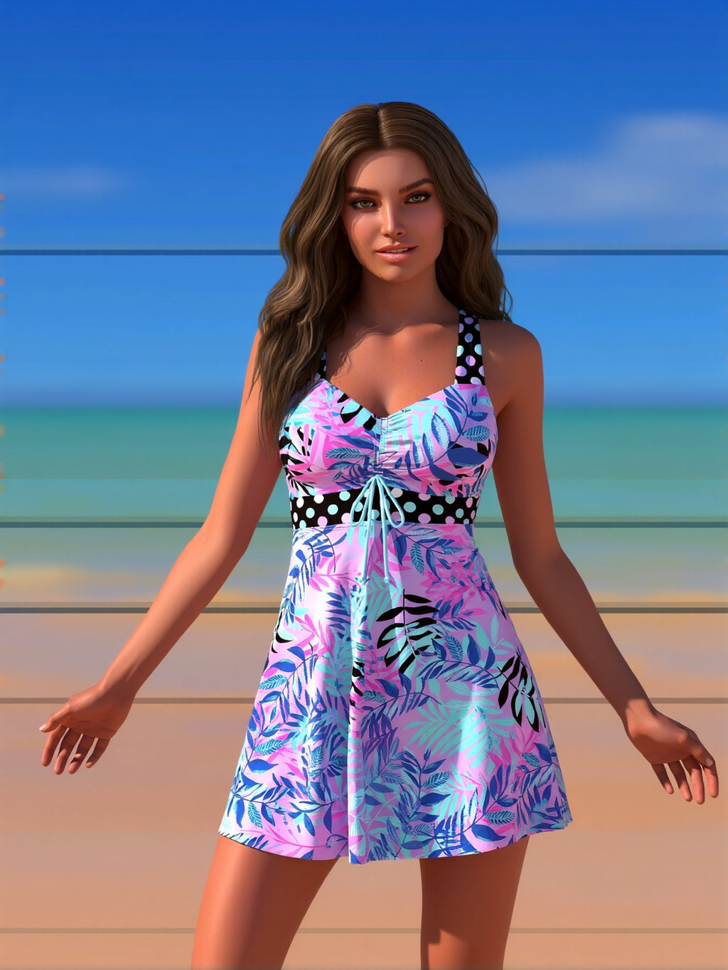 High-Neck Tankini Swimsuit – Adjustable Straps Plus Size