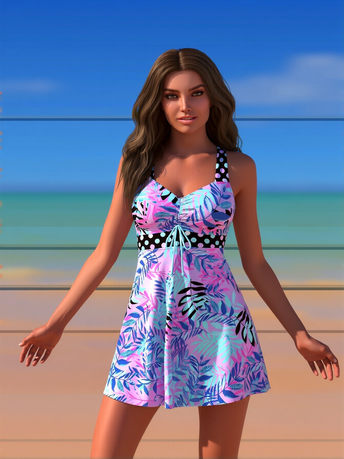 High-Neck Tankini Swimsuit – Adjustable Straps Plus Size