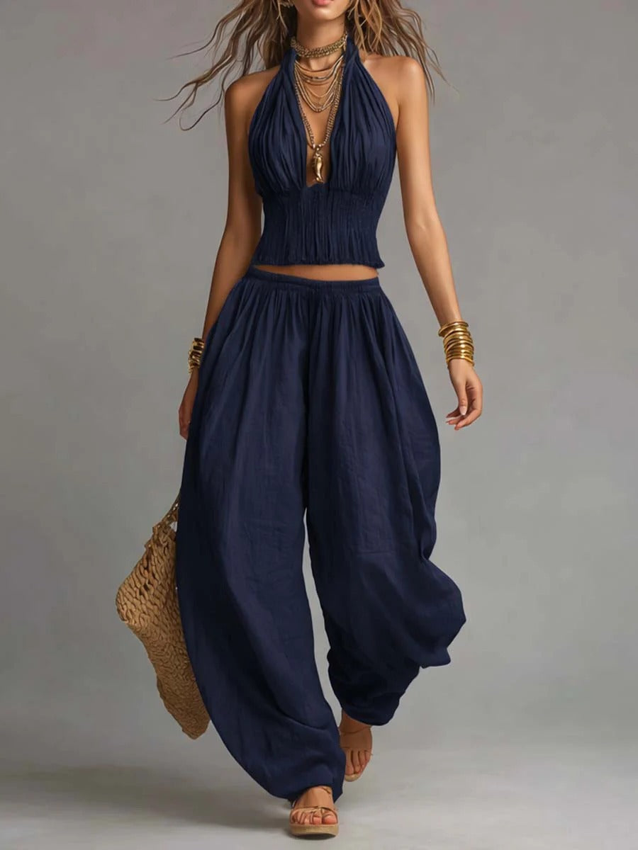 Sleeveless Backless Halter Top & Wide-Leg Pants Set