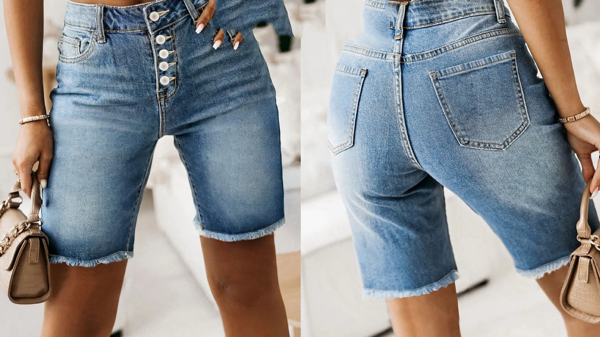 Cotton Denim Shorts – Mid-Length Frayed Hem Distressed