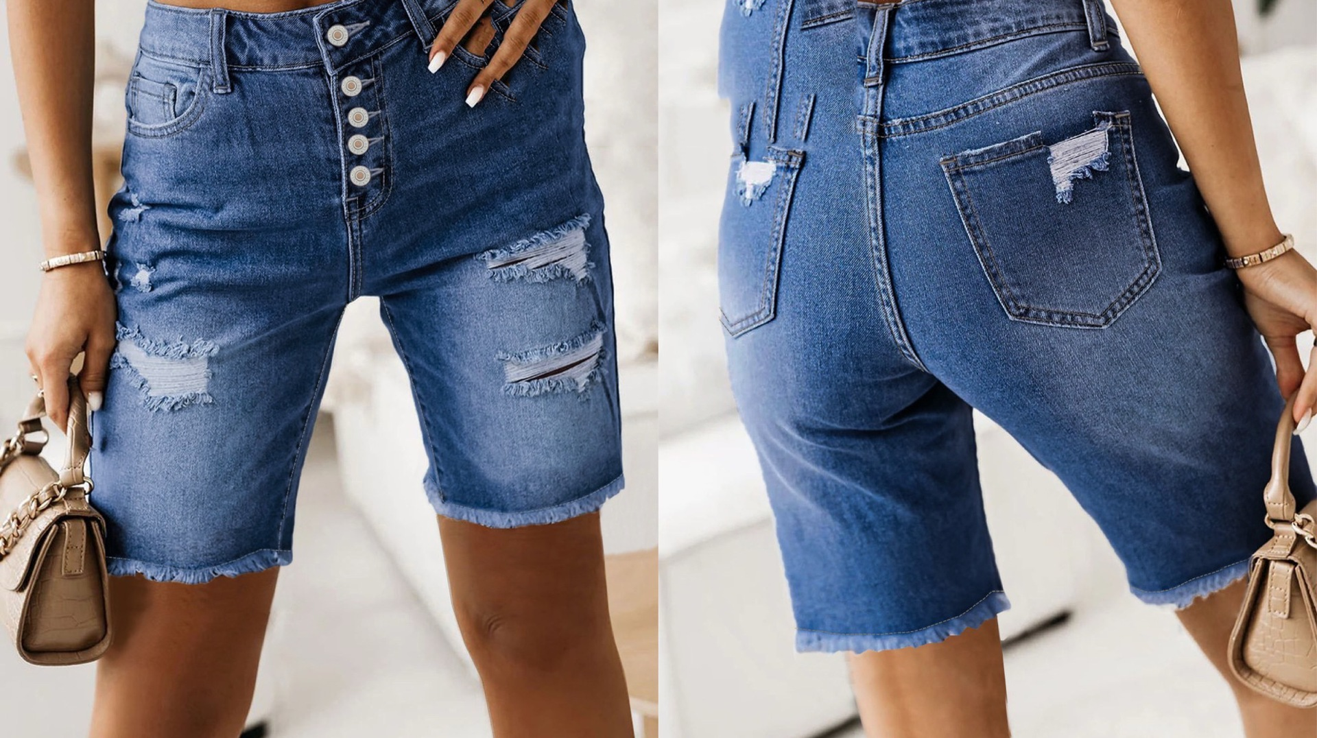 Cotton Denim Shorts – Mid-Length Frayed Hem Distressed